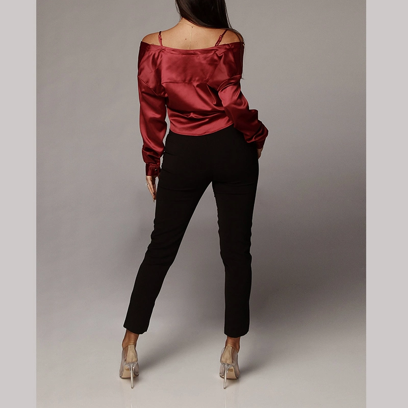 High Quality Women 100% Silk Wine Red Tie Front Top Blouses Wholesale